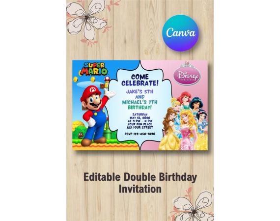 Twin Super Mario and  Disney Princess Invitation | Canva Template